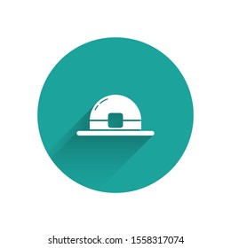 White Leprechaun hat icon isolated with long shadow. Happy Saint Patricks day. Green circle button. Vector Illustration