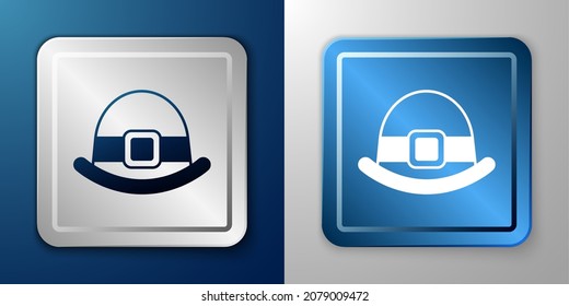White Leprechaun hat icon isolated on blue and grey background. Happy Saint Patricks day. National Irish holiday. Silver and blue square button. Vector