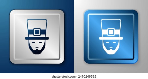 White Leprechaun icon isolated on blue and grey background. Happy Saint Patricks day. National Irish holiday. Silver and blue square button. Vector