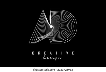 White Letter AD logo with lines and spiral effect. Vector illustration with geometric typography. Creative icon with letter.