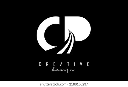 White letter Cp c p logo with leading lines and road concept design. Letters with geometric design. Vector Illustration with letter and creative cuts and lines.