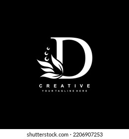 White letter D logo design with flourish ornaments. logo D with floral and leaf ornaments. D beautiful logo. luxury letter D logo design