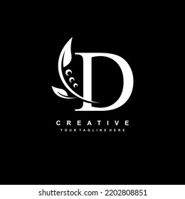 white letter D logo with luxury gold leaf ornament. D flourish, D monogram, typography. feather logo. D premium design. suitable for company logo, business, boutique, wedding, celebration, etc