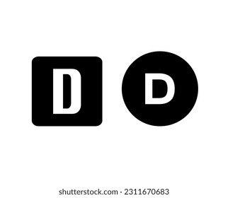 Ein weißes D-Logo auf schwarzem Hintergrund von Quadraten und Kreisen sowie einzelne Logos von A-Z-Buchstaben auf schwarzen Quadraten und kreisförmigem Hintergrund.