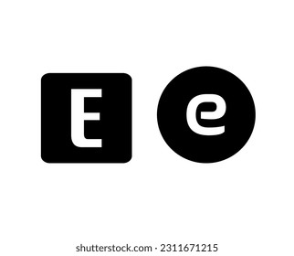 A white letter E logo on a background of black squares and circles, as well as isolated A-Z letter logos on a black squares and circles background.
