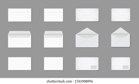 White letter in envelop. Blank mockup of a4, a5, c5 for post. Open and closed paper card for mail. Envelopes in front with documents. Template for stationery in office, business and messages. Vector.