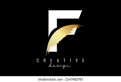 White Letter F logo with golden brush stroke and creative cut. Creative Vector Illustration with letter.