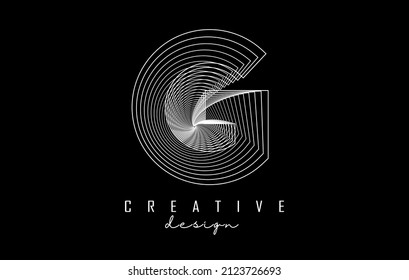 White Letter G logo with lines and spiral effect. Vector illustration with geometric typography. Creative icon with letter.