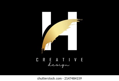 White Letter H logo with golden brush stroke and creative cut. Creative Vector Illustration with letter.