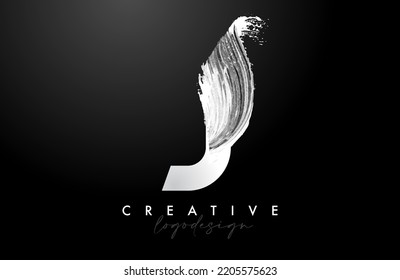White Letter J Logo Brush Stroke with Artistic Watercolor Paint Brush Icon Vector Design. Modern Elegant Minimalist Stroke Letter J Shape Symbol with Paint Style Swoosh. 