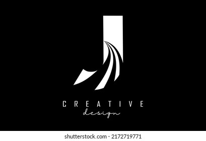 White letter J logo with leading lines and road concept design. Letter J with geometric design. Vector Illustration with letter and creative cuts and lines.