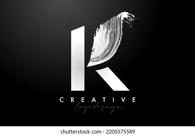 White Letter K Logo Brush Stroke with Artistic Watercolor Paint Brush Icon Vector Design. Modern Elegant Minimalist Stroke Letter K Shape Symbol with Paint Style Swoosh. 