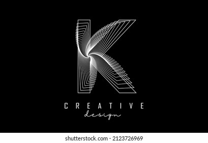 White Letter K logo with lines and spiral effect. Vector illustration with geometric typography. Creative icon with letter.