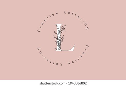 White Letter L Logo with circle lettering design and outline leaves and pastel backgound. Creative vector illustration with letter L for beauty, fashion, natural products or eco services.