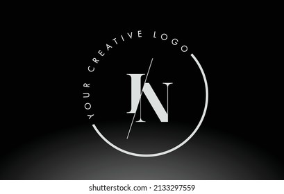 White IN Letter Logo Design with Creative Intersected and Cutted Serif Font.