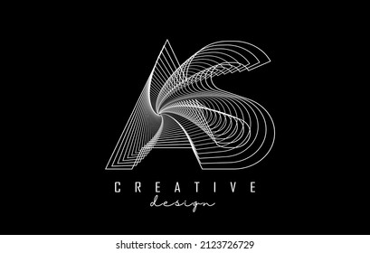 White Letter AS logo with lines and spiral effect. Vector illustration with geometric typography. Creative icon with letter.