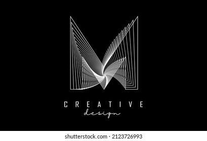 White Letter M logo with lines and spiral effect. Vector illustration with geometric typography. Creative icon with letter.
