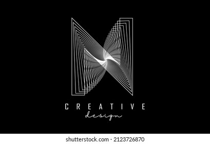 White Letter N logo with lines and spiral effect. Vector illustration with geometric typography. Creative icon with letter.