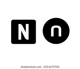 Un logotipo de letra blanca N sobre un fondo de cuadrados y círculos negros, así como logotipos aislados de letras A-Z sobre cuadrados negros y fondo de círculos.