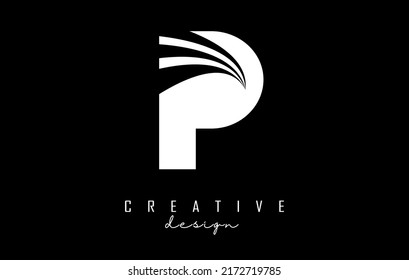 White letter P logo with leading lines and road concept design. Letter P with geometric design. Vector Illustration with letter and creative cuts and lines.