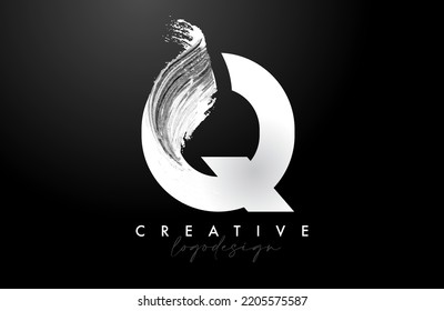 White Letter Q Logo Brush Stroke with Artistic Watercolor Paint Brush Icon Vector Design. Modern Elegant Minimalist Stroke Letter Q Shape Symbol with Paint Style Swoosh. 