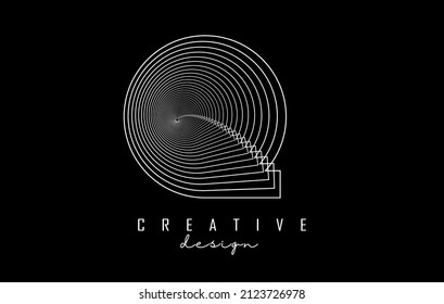 Logo de la letra blanca Q con líneas y efecto espiral. Ilustración vectorial con tipografía geométrica. Icono creativo con letra.