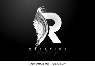 White Letter R Logo Brush Stroke with Artistic Watercolor Paint Brush Icon Vector Design. Modern Elegant Minimalist Stroke Letter R Shape Symbol with Paint Style Swoosh. 