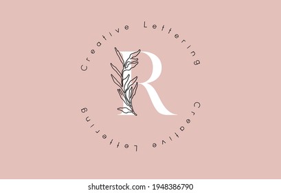 Logotipo de la letra blanca R con diseño de letras de círculo y hojas de contorno y fondo pastel. Ilustración vectorial creativa con letra R para belleza, moda, productos naturales o servicios ecológicos.