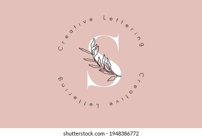 White Letter S Logo with circle lettering design and outline leaves and pastel backgound. Creative vector illustration with letter S for beauty, fashion, natural products or eco services.