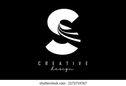 White letter S logo with leading lines and road concept design. Letter S with geometric design. Vector Illustration with letter and creative cuts and lines.