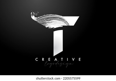White Letter T Logo Brush Stroke with Artistic Watercolor Paint Brush Icon Vector Design. Modern Elegant Minimalist Stroke Letter T Shape Symbol with Paint Style Swoosh. 
