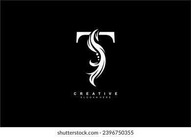 white letter T logo design with graceful and elegant flower, leaf, feather ornaments. monogram T. typography T. logo T initial. Suitable for, business, wedding, boutique, company, hotel, beauty etc.