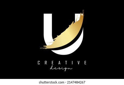 White Letter U logo with golden brush stroke and creative cut. Creative Vector Illustration with letter.
