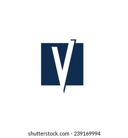 White letter V with blue square behind