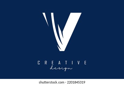 Logo de letra blanca V con líneas principales y diseño de espacio negativo. Carta con diseño de cortes geométricos y creativos. Ilustración vectorial con letra.