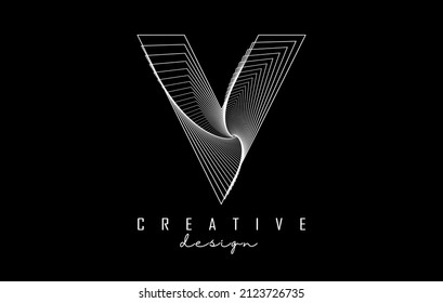 Logo de la letra blanca V con líneas y efecto espiral. Ilustración vectorial con tipografía geométrica. Icono creativo con letra.