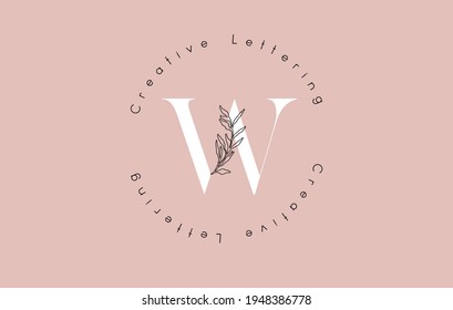 White Letter W Logo with circle lettering design and outline leaves and pastel backgound. Creative vector illustration with letter W for beauty, fashion, natural products or eco services.