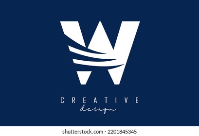 White letter W logo with leading lines and negative space design. Letter with geometric and creative cuts design. Vector Illustration with letter.