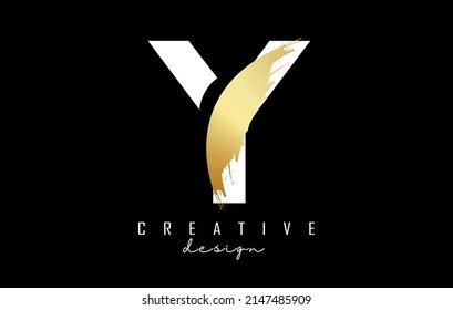 White Letter Y logo with golden brush stroke and creative cut. Creative Vector Illustration with letter.