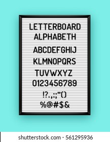 White letterboard with black plastic letters, numbers, symbols. Hipster vintage alphabeth 80x, 90x