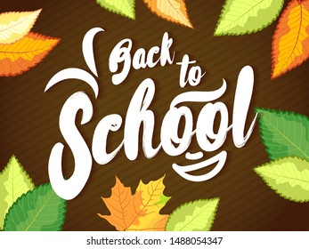 White lettering Back to school on brown striped background with autumn leaves. Vector illustration