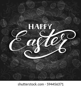 White lettering Happy Easter with decorative pattern of eggs on black chalkboard background, illustration.