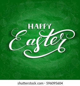White lettering Happy Easter with decorative pattern of eggs on green chalkboard background, illustration.