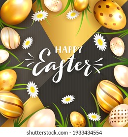 White lettering Happy Easter on gold and black geometric background with golden eggs and flowers. Illustration with holiday elements can be used for holiday design, banner, website, greeting cards.
