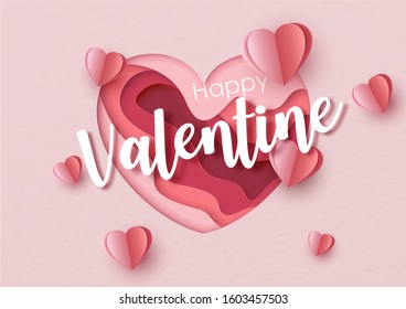 White lettering "Happy Valentine" with pink hearts in abstract and big heart shape on pink paper pattern background. Valentine greeting card and poster in paper cut style and vector design.