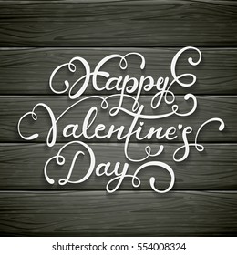 White lettering Happy Valentines Day on black wooden background, illustration.