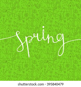white lettering on a green spring seamless pattern of the symbols. Vector illustration