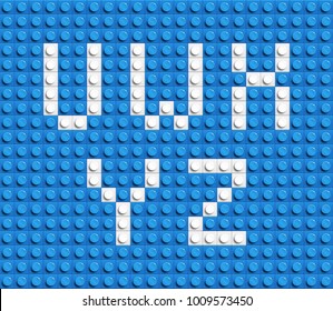 White Letters Of Alphabet From Blue Building Lego Bricks. Lego Bricks Letters. Blue Lego Background