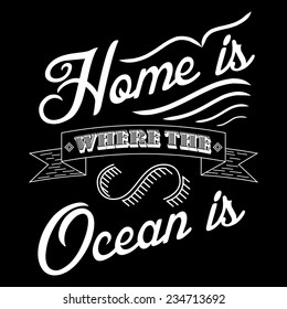 White letters on a black background. Home is where the ocean is.