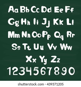 White letters on chalkboard background. Alphabet set with  numbers.